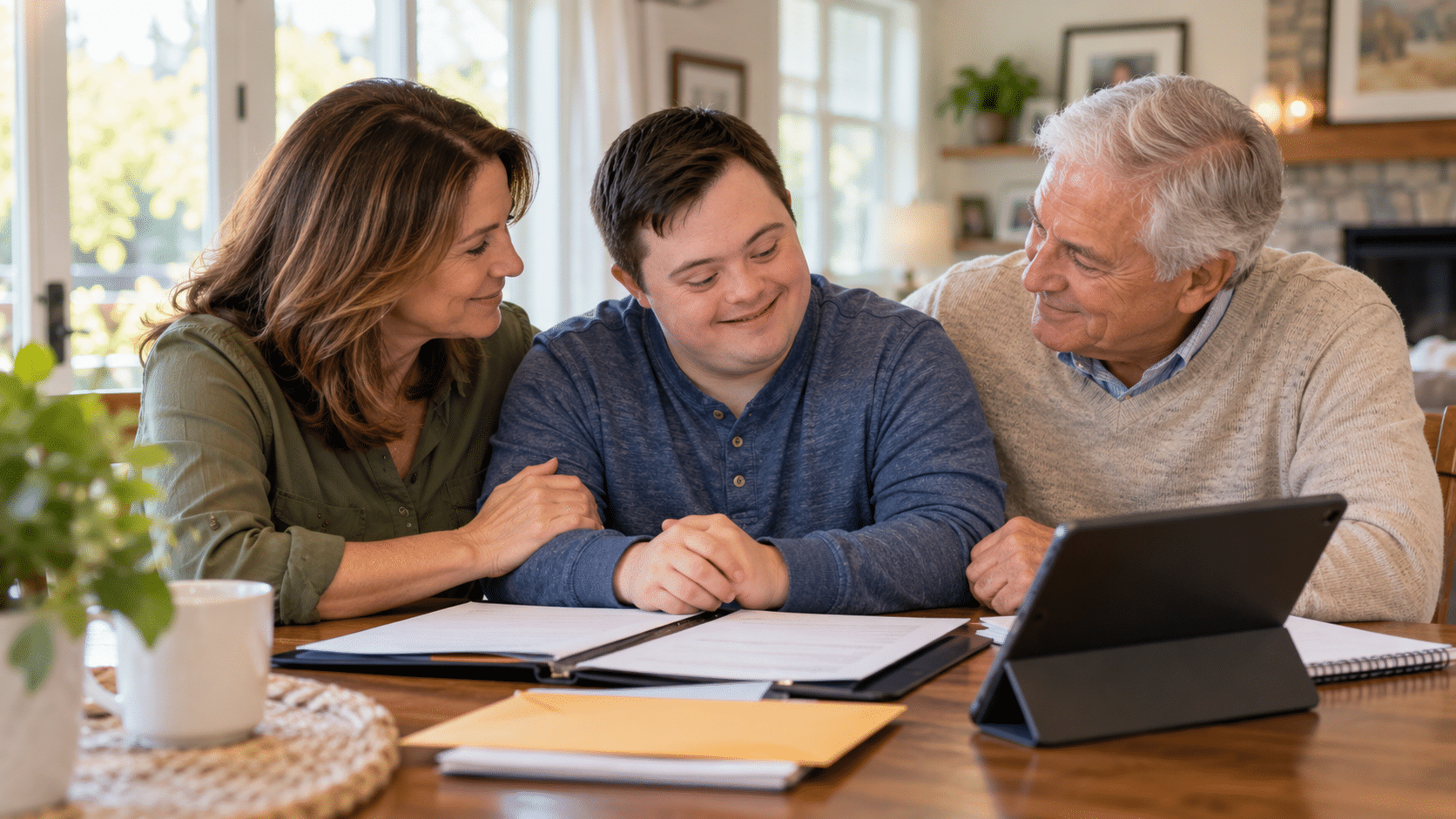 Family discussing special needs trust planning for a loved one with Down syndrome while reviewing financial documents